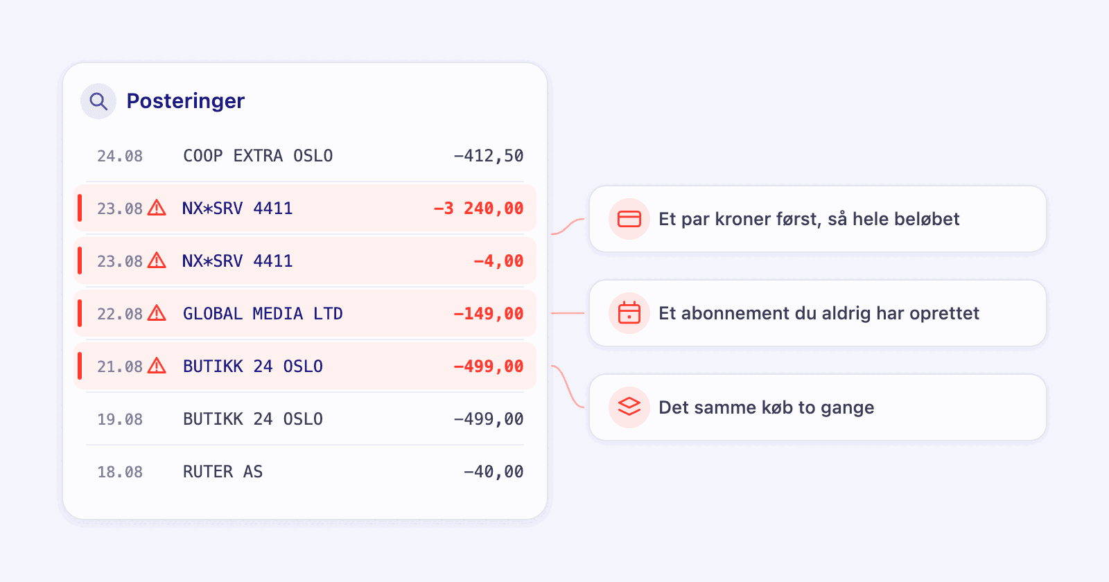 En posteringsliste hvor tre linjer er markeret: et lille testbeløb efterfulgt af et stort, et abonnement der aldrig blev oprettet, og det samme køb to gange