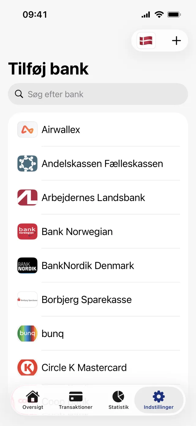 Skærmen Tilføj bank med søgefelt, en alfabetisk bankliste der starter med Airwallex, og flagknappen øverst til højre