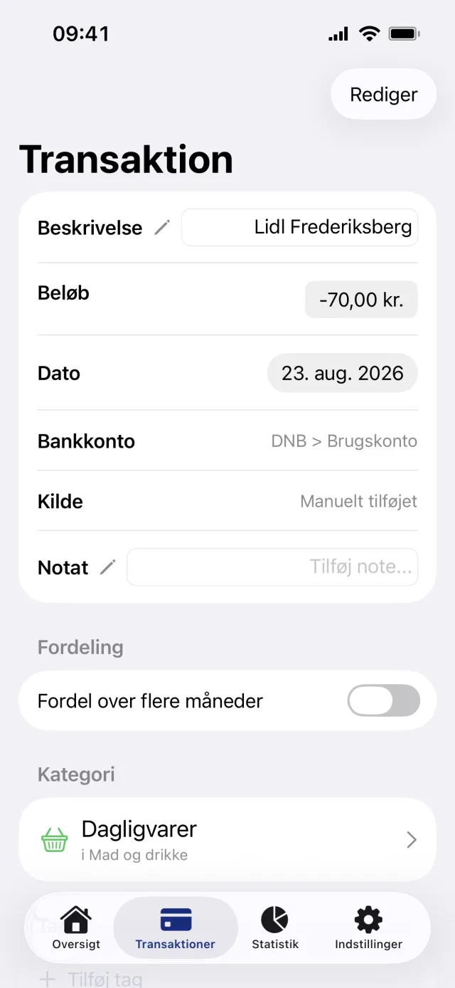 Transaktionsskærmen for et køb i Lidl, med felterne Beskrivelse, Beløb og Dato, fordelingskontakten slået fra og Dagligvarer som kategori