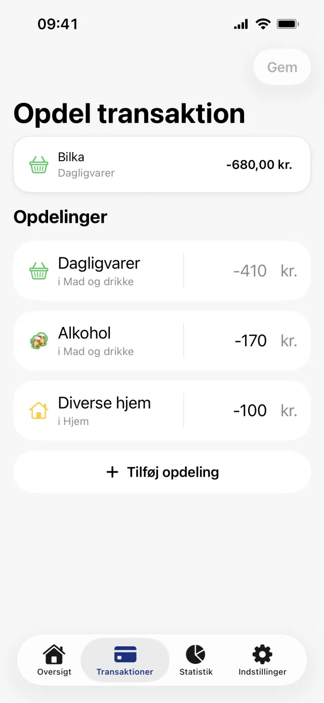 Skærmen Opdel transaktion med den oprindelige Bilka-betaling øverst, tre dele under Opdelinger og knappen Tilføj opdeling under dem