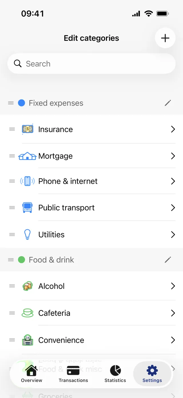 The Edit categories screen, with a search field, the plus button in the top right and categories under coloured group headers