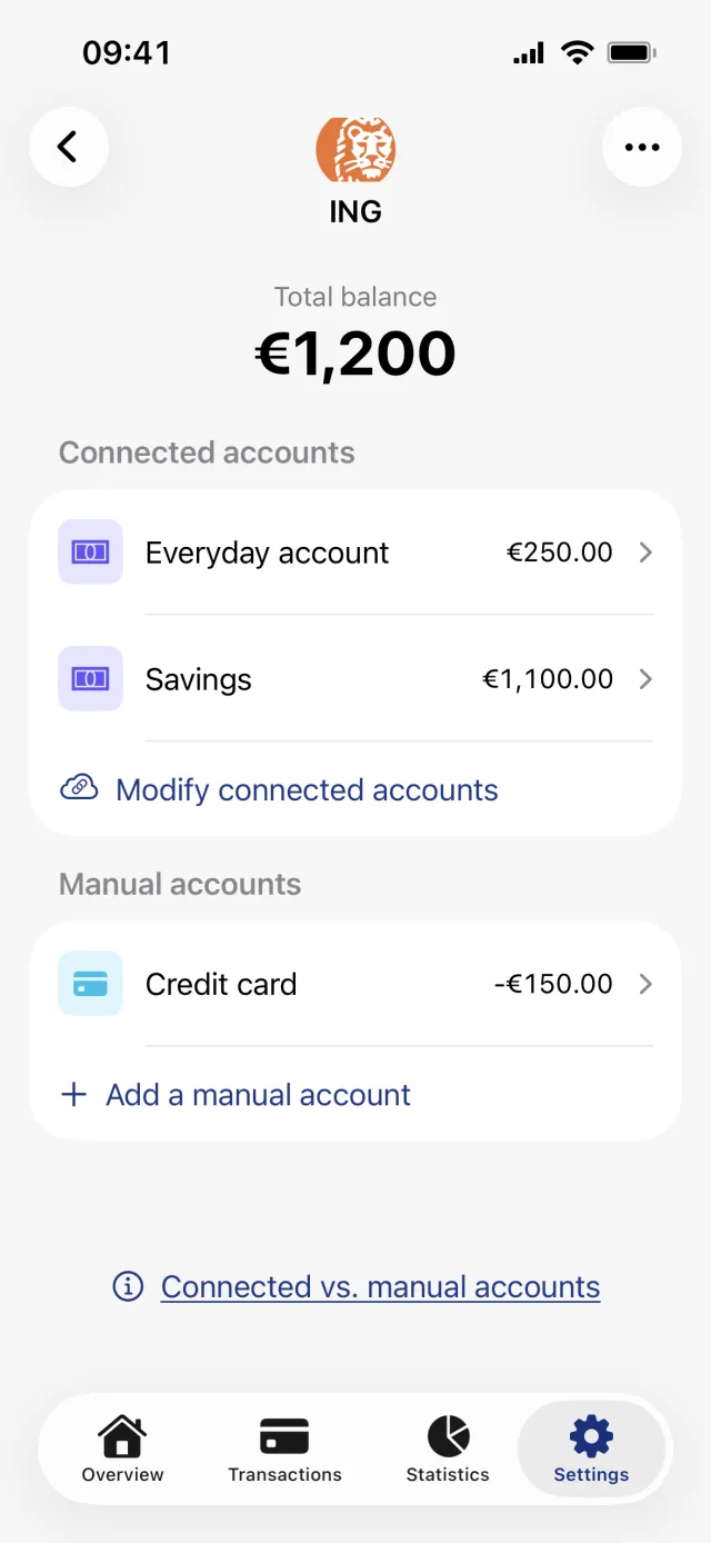 One bank's accounts, with Savings and Everyday account under Connected accounts and Credit card under Manual accounts