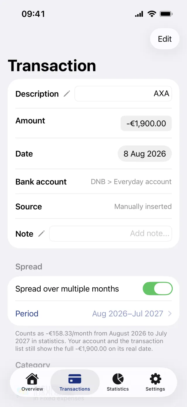 An insurance payment of 1,900 euro on the Transaction screen, with Spread over multiple months turned on and the Period row reading Aug 2026 to Jul 2027