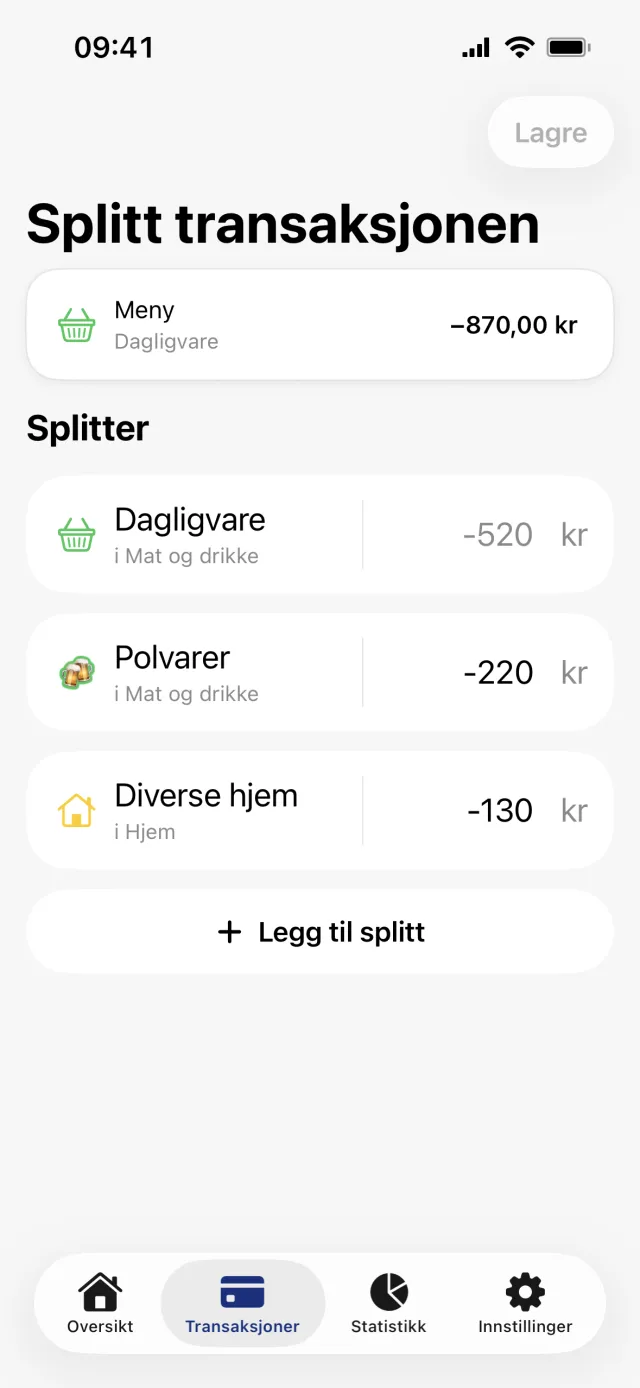 Skjermen Splitt transaksjonen med den opprinnelige Meny-betalingen øverst, tre deler under Splitter og knappen Legg til splitt under dem