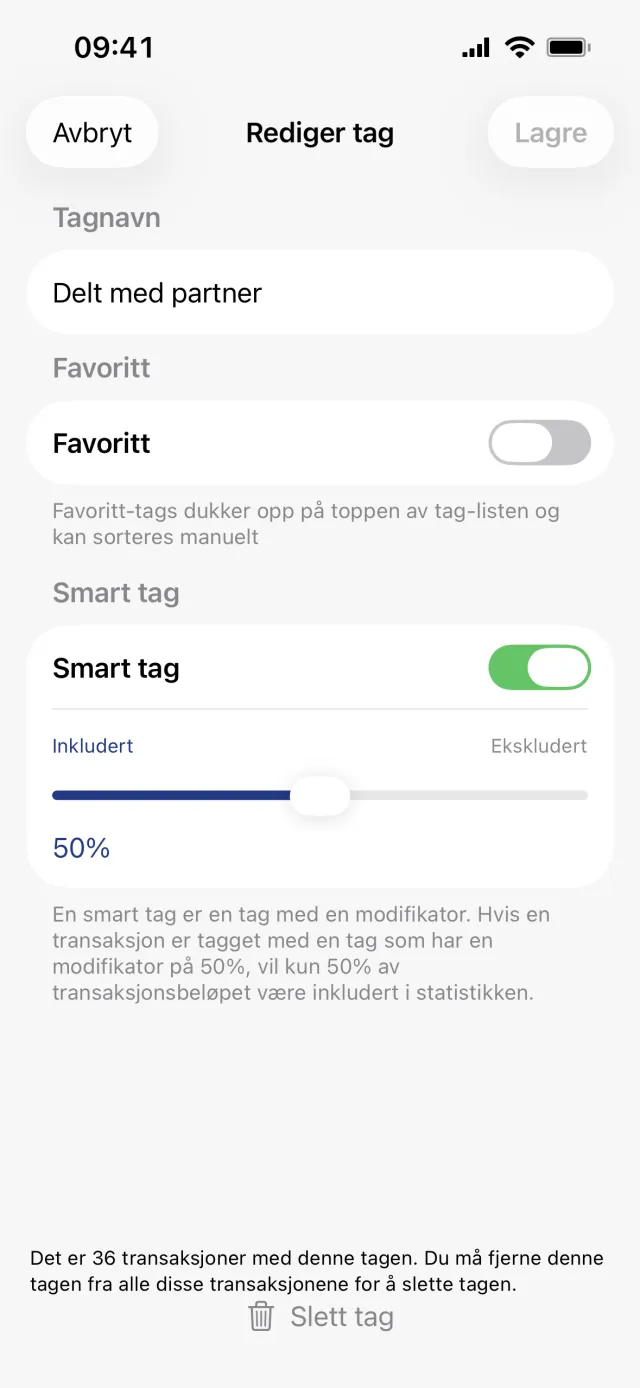 Arket Rediger tag for taggen Delt med partner, med Smart tag slått på og skyveknappen mellom Inkludert og Ekskludert på 50 prosent