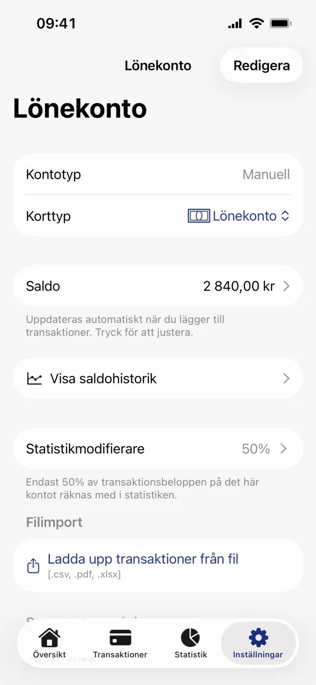 Kontovyn med Saldo, Visa saldohistorik och raden Statistikmodifierare satt till 50 %