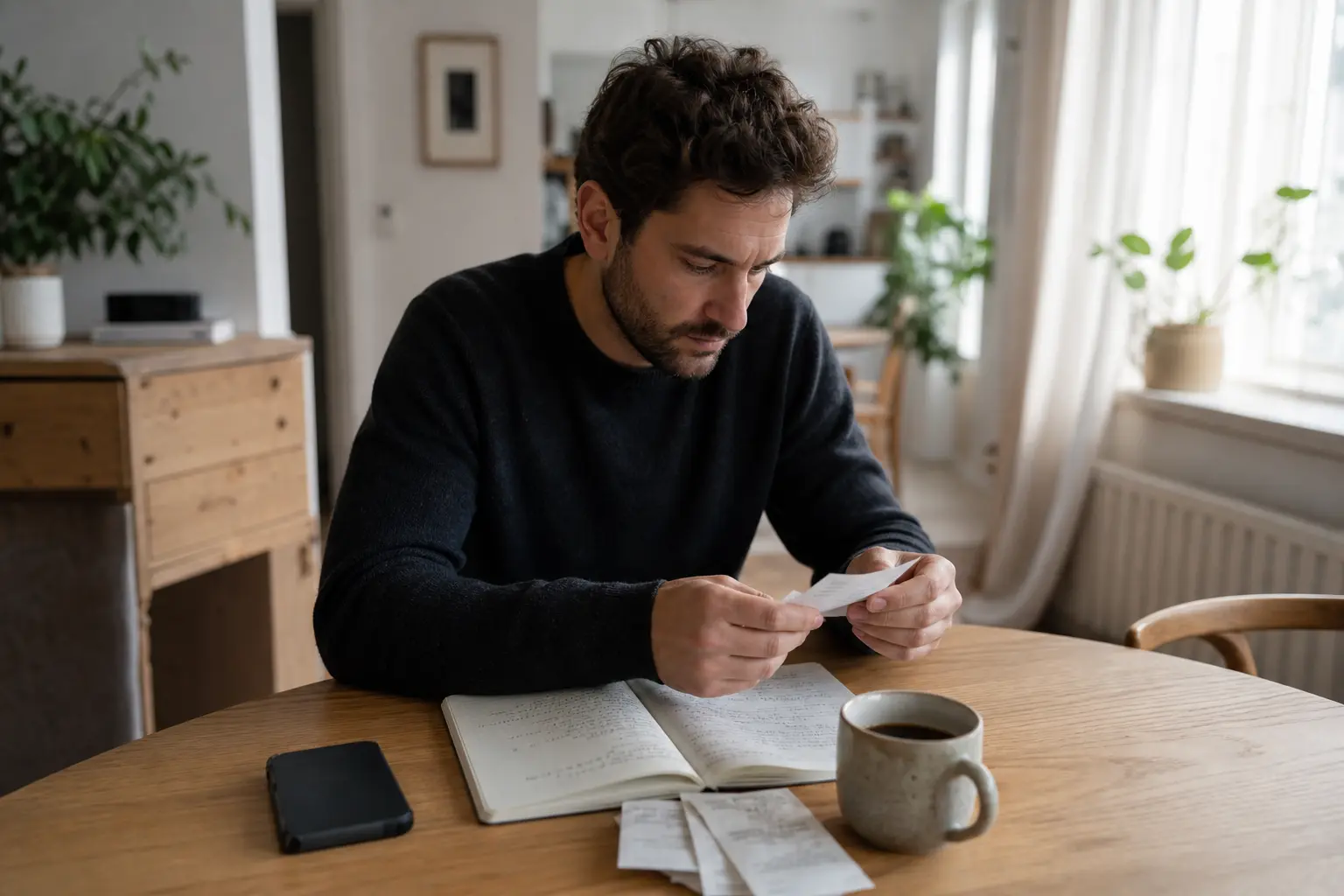 Man at the kitchen table going through receipts and a budget