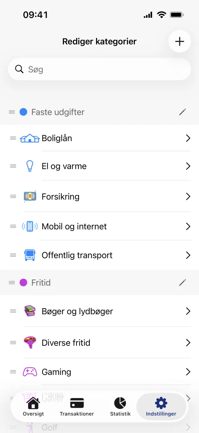 Skærmen Rediger kategorier, med søgefelt, plusknappen øverst til højre og kategorierne under farvede gruppeoverskrifter