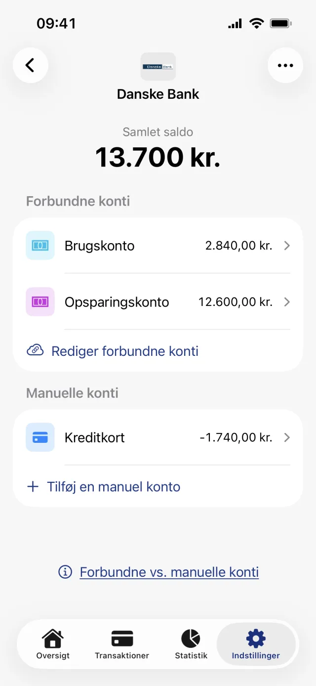 Kontiene i én bank, med Opsparingskonto og Brugskonto under Forbundne konti og Kreditkort under Manuelle konti