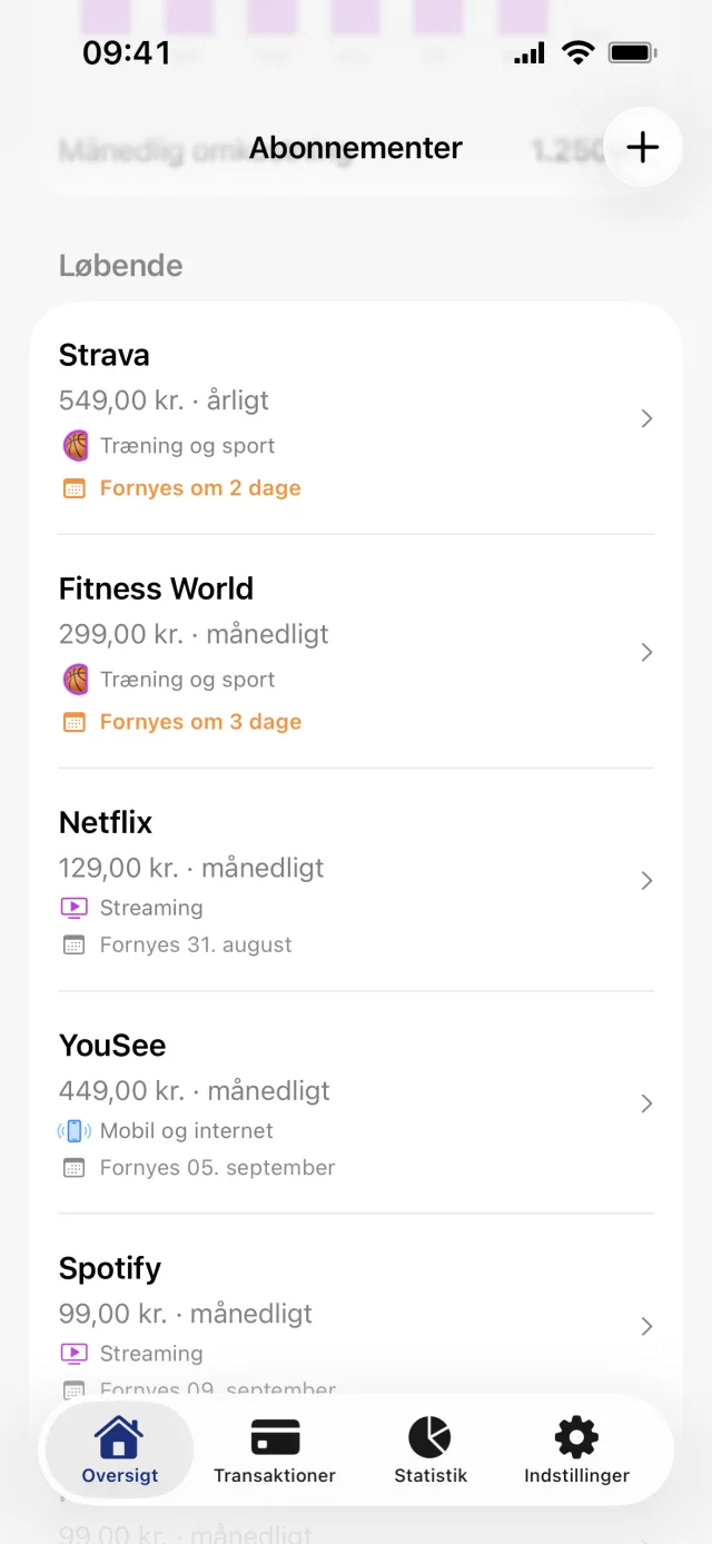 Abonnementsskærmen rullet ned, med rækken Månedlig omkostning halvt skjult bag titellinjen, listen Løbende i hele billedet og Strava markeret Fornyes om 2 dage i orange
