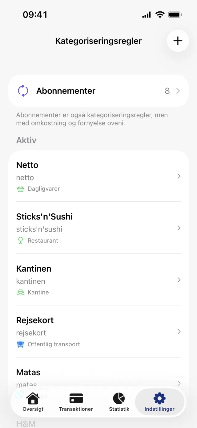 Skærmen Kategoriseringsregler, med rækken Abonnementer øverst og reglerne opført under Aktiv