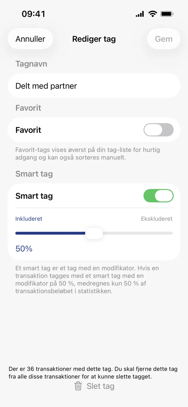Arket Rediger tag for tagget Delt med partner, med Smart tag slået til og skyderen mellem Inkluderet og Ekskluderet på 50 procent