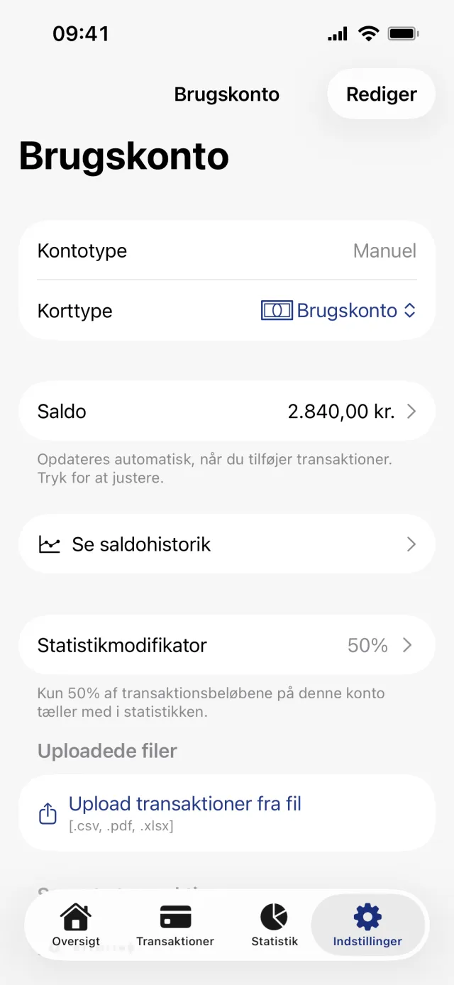Kontoskærmen med Saldo, Se saldohistorik og rækken Statistikmodifikator sat til 50 %