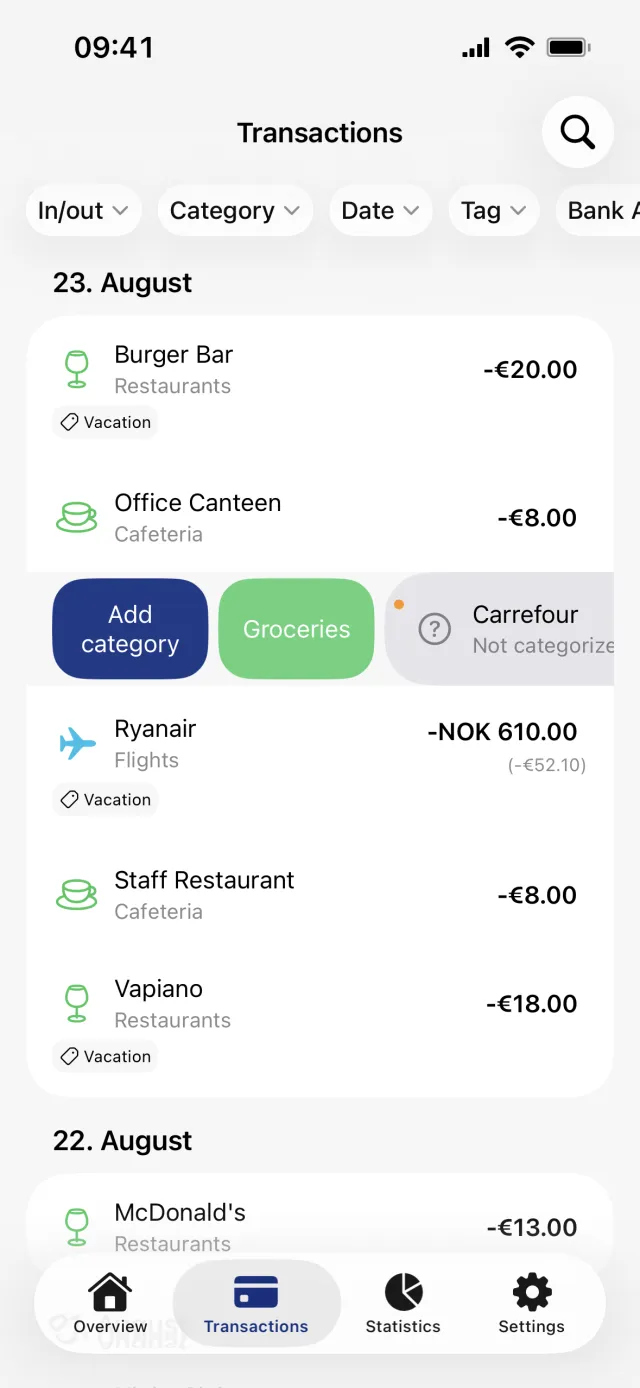 The Transactions tab with one row swiped open, showing Add category beside a suggested category