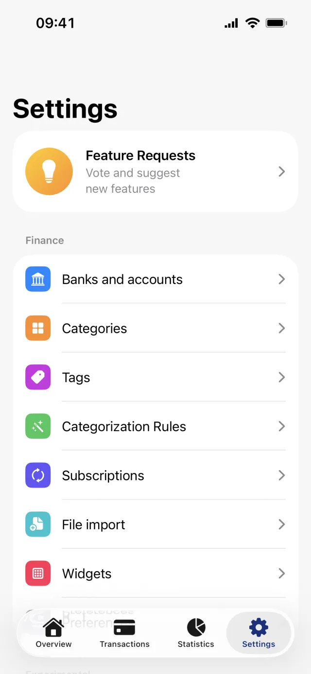 The Settings tab: the Feature Requests card at the top and the Finance list from Banks and accounts down to Widgets