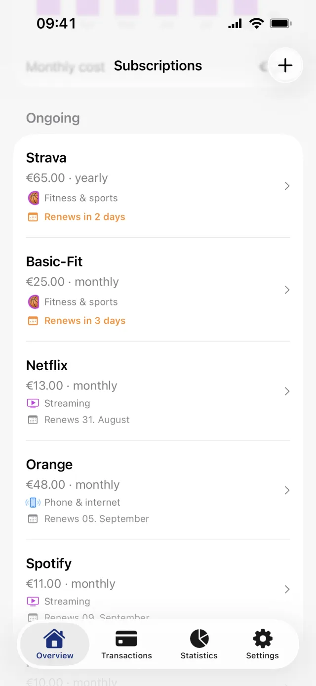 The Subscriptions screen scrolled down, with the Monthly cost row half hidden behind the title bar, the Ongoing list filling the frame, and Strava marked Renews in 2 days in orange