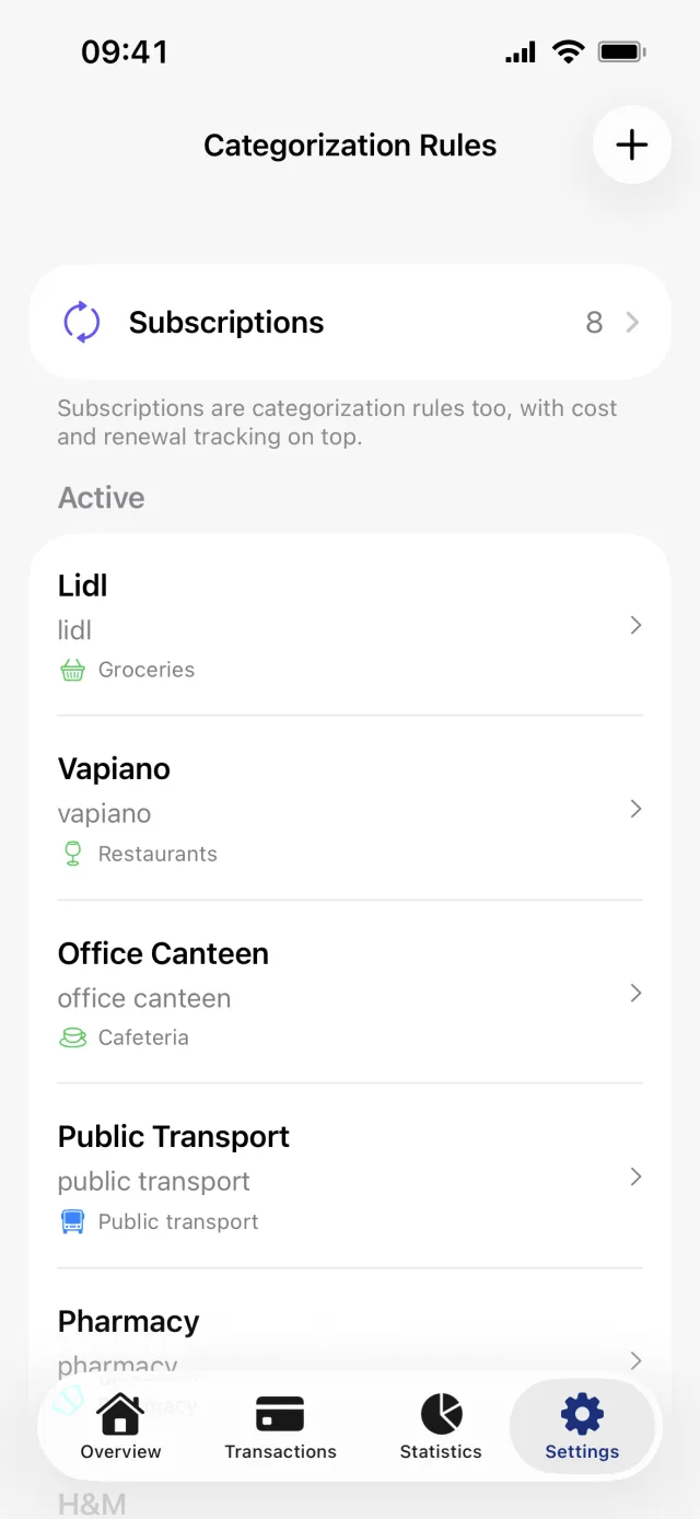 The Categorization Rules screen, with the Subscriptions row at the top and the rules listed under Active