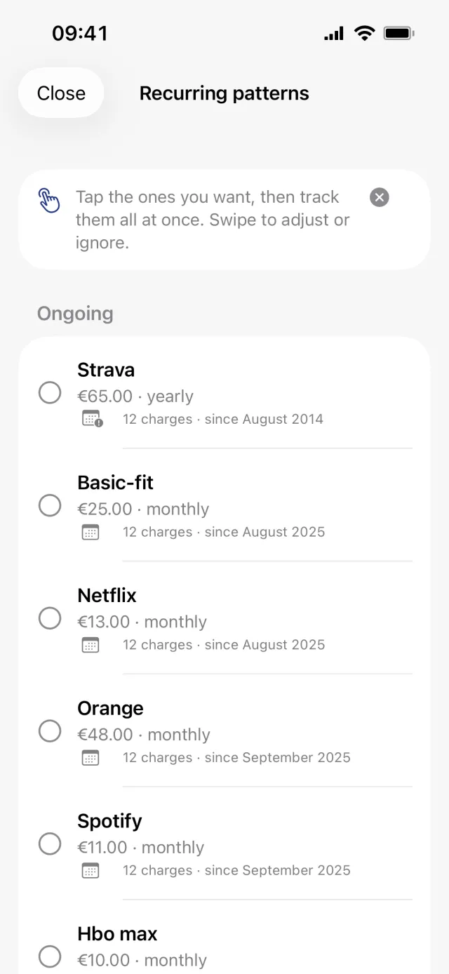 The Recurring patterns sheet, with the selection hint at the top and unticked rows under Ongoing carrying the amount, how often it repeats and how many charges were found