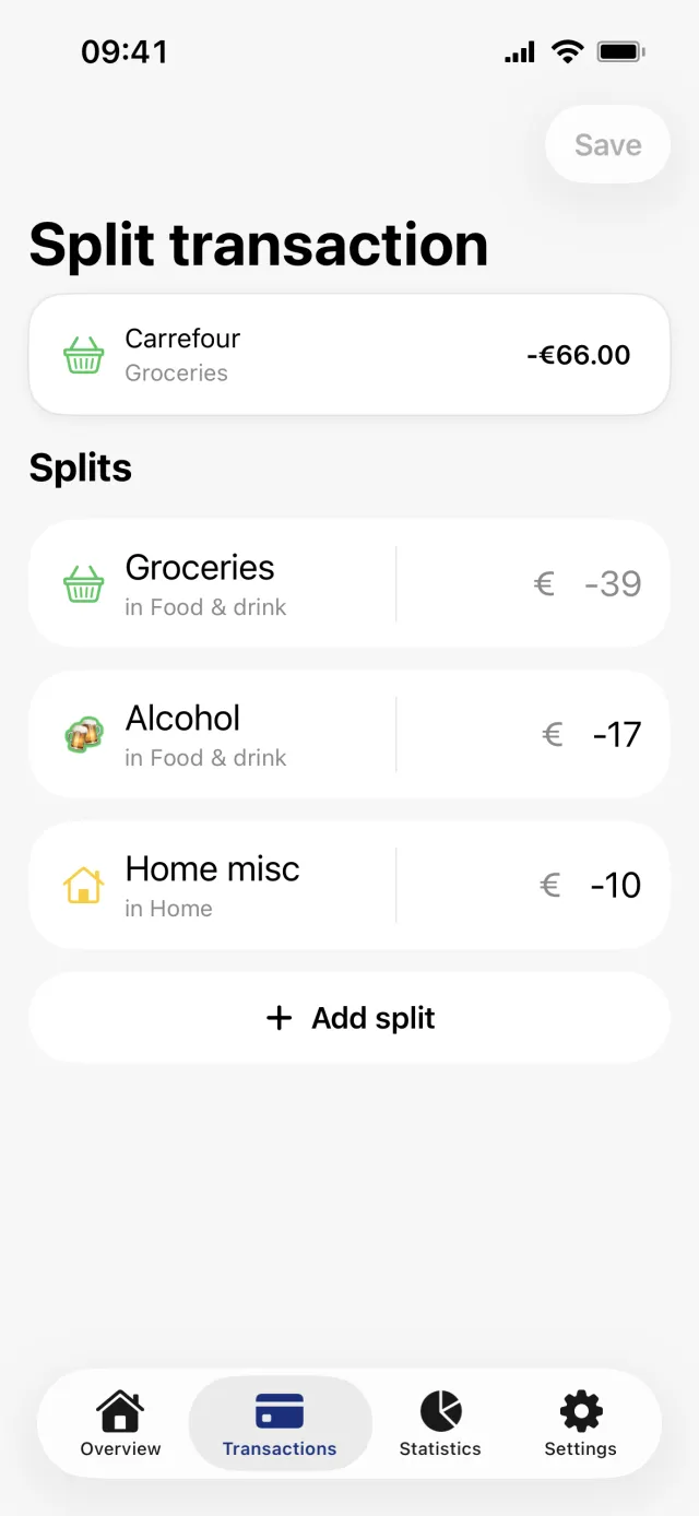 The Split transaction screen with the original Carrefour payment on top, three parts listed under Splits and an Add split button below them