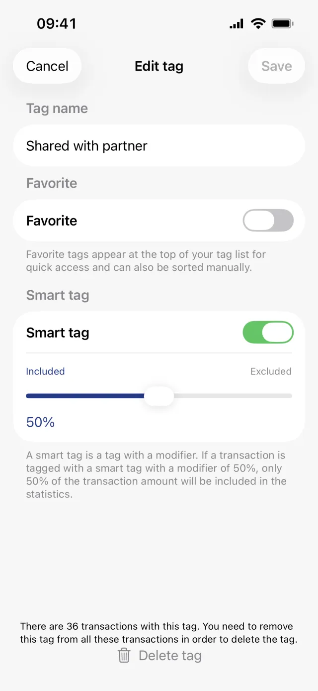 The Edit tag sheet for a tag named Shared with partner, with the Smart tag switch on and the Included to Excluded slider at 50 per cent