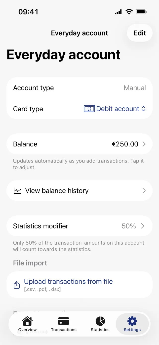 A bank account screen with a Balance row, View balance history, and a Statistics modifier row set to 50%