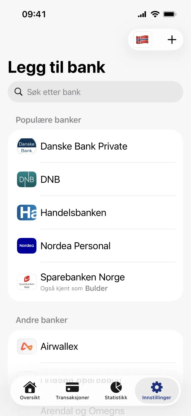 Skjermen Legg til bank med søkefelt, seksjonen Populære banker med fem banker og flaggknappen øverst til høyre