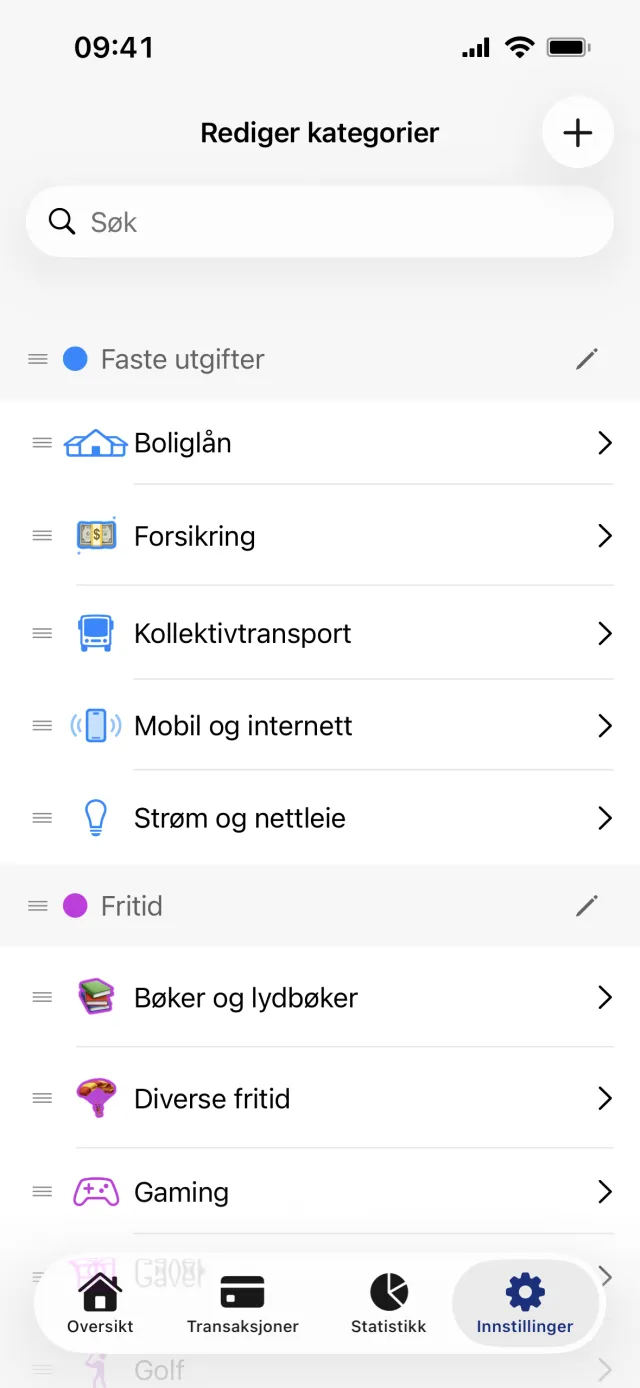 Skjermen Rediger kategorier, med søkefelt, plussknappen øverst til høyre og kategoriene under fargede gruppeoverskrifter