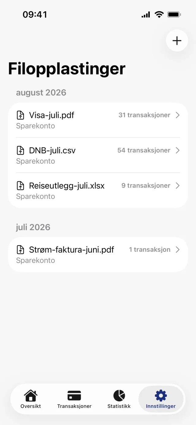 Skjermen Filopplastinger med tidligere opplastinger gruppert etter måned og pluss-knappen øverst til høyre