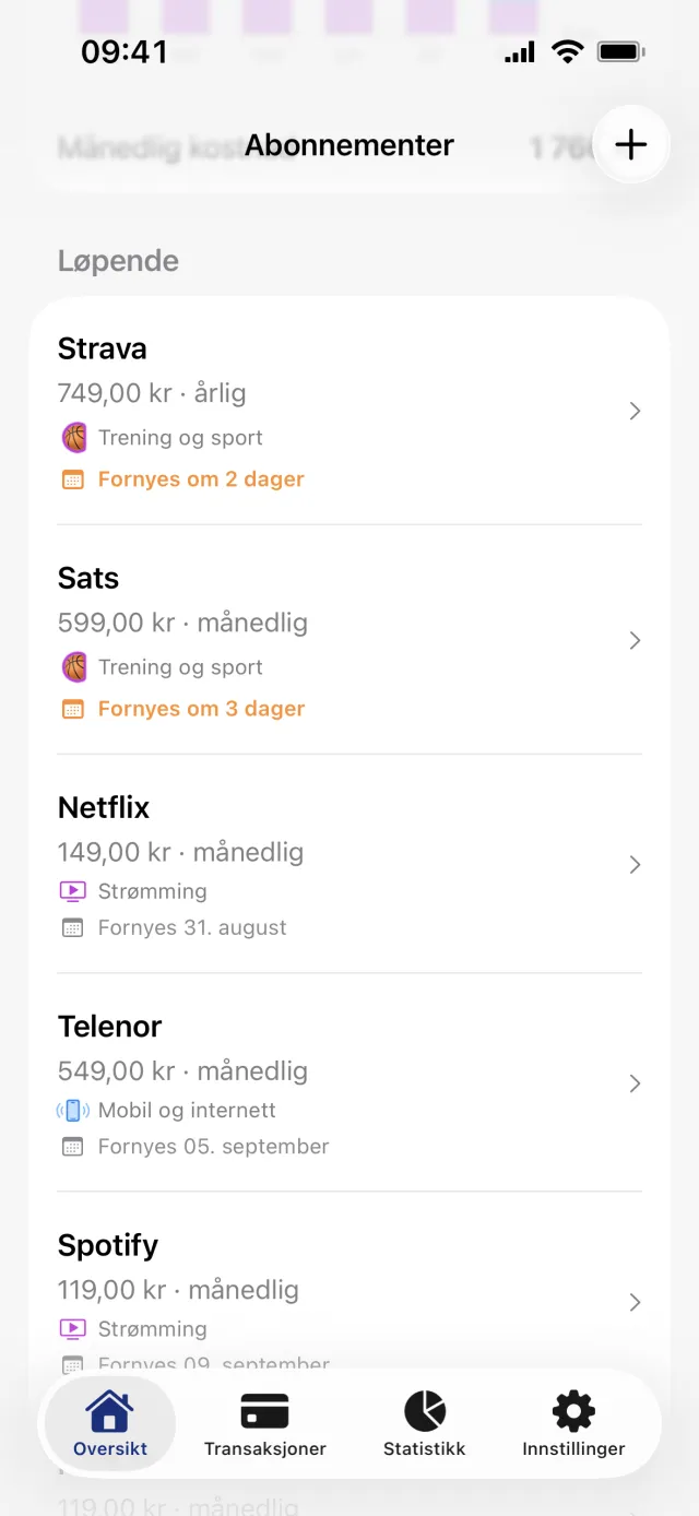 Abonnementer-skjermen rullet ned, med raden Månedlig kostnad halvveis skjult bak tittellinjen, listen Løpende i hele bildet og Strava merket Fornyes om 2 dager i oransje