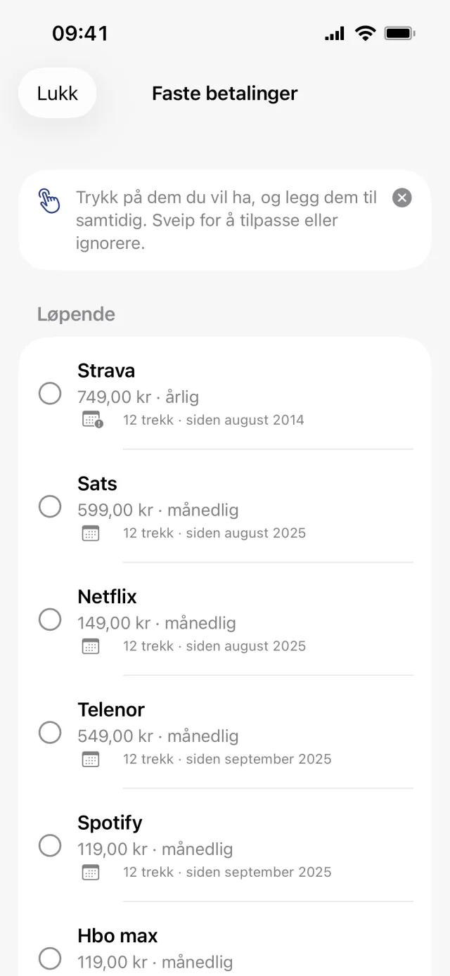 Arket Faste betalinger, med tipset øverst og rader under Løpende som ingen har huket av, hver med beløp, hvor ofte det trekkes og antall trekk