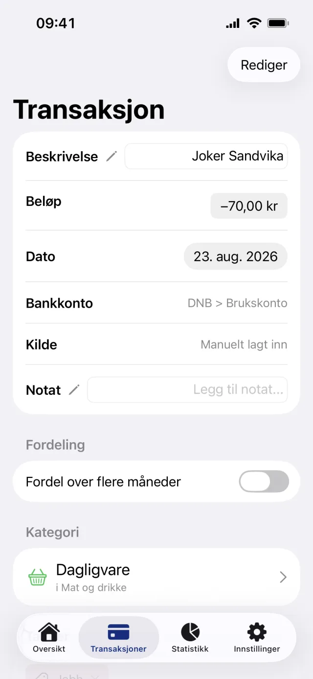 Transaksjonsskjermen for et kjøp hos Joker Sandvika, med feltene Beskrivelse, Beløp og Dato, fordelingsbryteren slått av og Dagligvare som kategori
