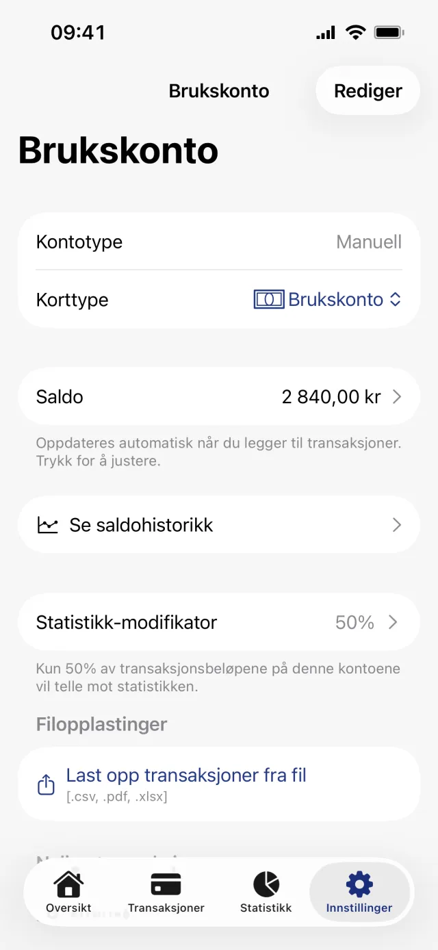 Kontoskjermen med Saldo, Se saldohistorikk og raden Statistikk-modifikator satt til 50 %