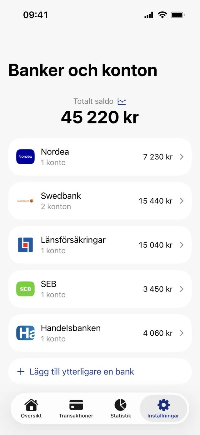 Skärmen Banker och konton med totalt saldo 45 220 kr, fem bankrader med varsitt saldo och Lägg till ytterligare en bank längst ned