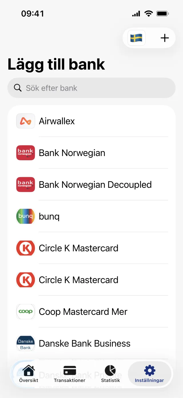 Skärmen Lägg till bank med sökfält, en bokstavsordnad banklista som börjar på Airwallex och flaggknappen uppe till höger