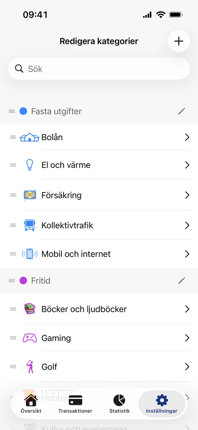 Skärmen Redigera kategorier, med sökfält, plusknappen uppe till höger och kategorierna under färgade grupprubriker