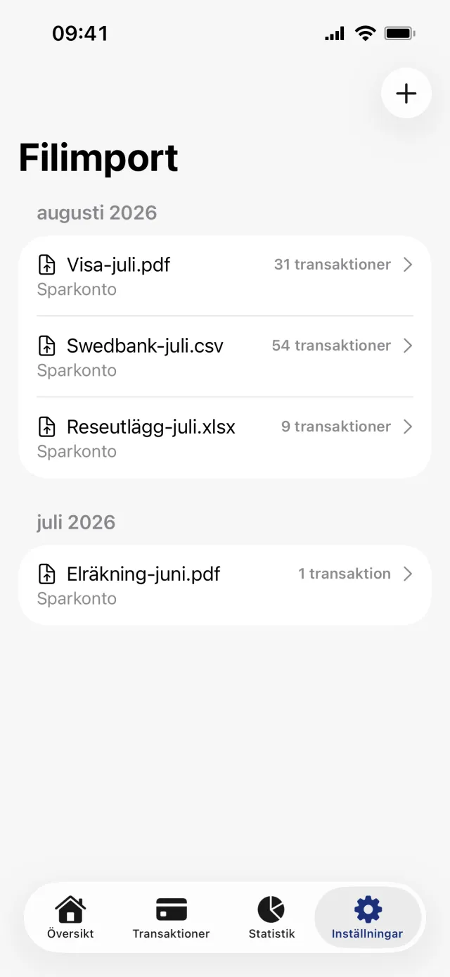 Skärmen Filimport med tidigare importer grupperade efter månad och plusknappen uppe till höger