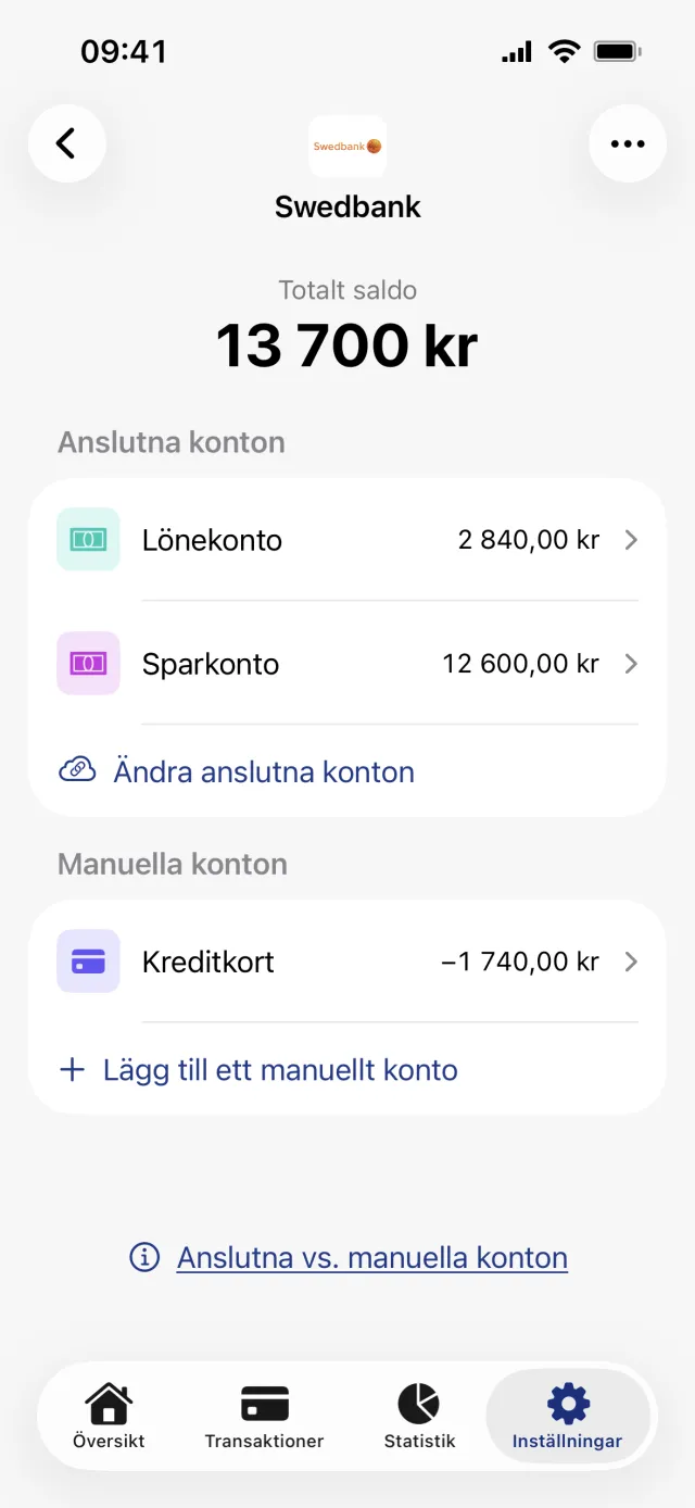 Kontona i en bank, med Sparkonto och Lönekonto under Anslutna konton och Kreditkort under Manuella konton