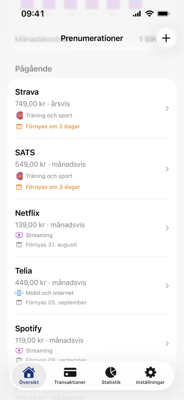 Prenumerationsskärmen nedrullad, med raden Månadskostnad halvt dold bakom titelraden, listan Pågående i hela bilden och Strava märkt Förnyas om 2 dagar i orange