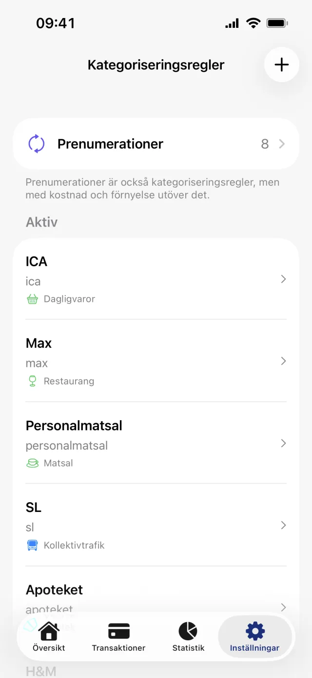 Skärmen Kategoriseringsregler, med raden Prenumerationer överst och reglerna listade under Aktiv