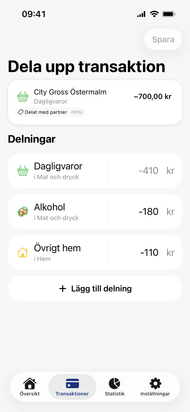 Vyn Dela upp transaktion med den ursprungliga City Gross-betalningen överst, tre delar under Delningar och knappen Lägg till delning under dem