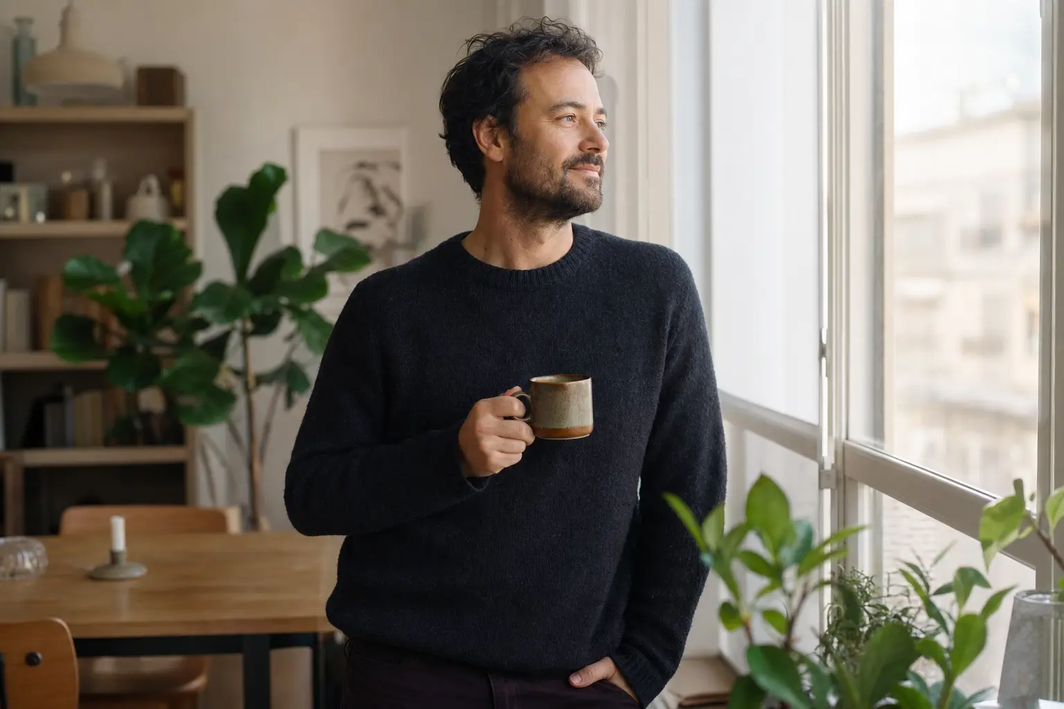 Man står vid fönstret med en kopp kaffe, lugn och trygg