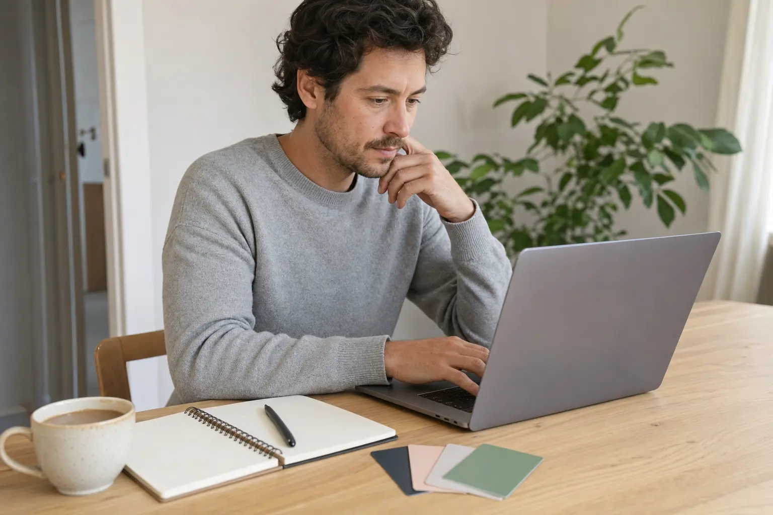 Mann ved skrivebordet med laptop og flere bankkort på bordet