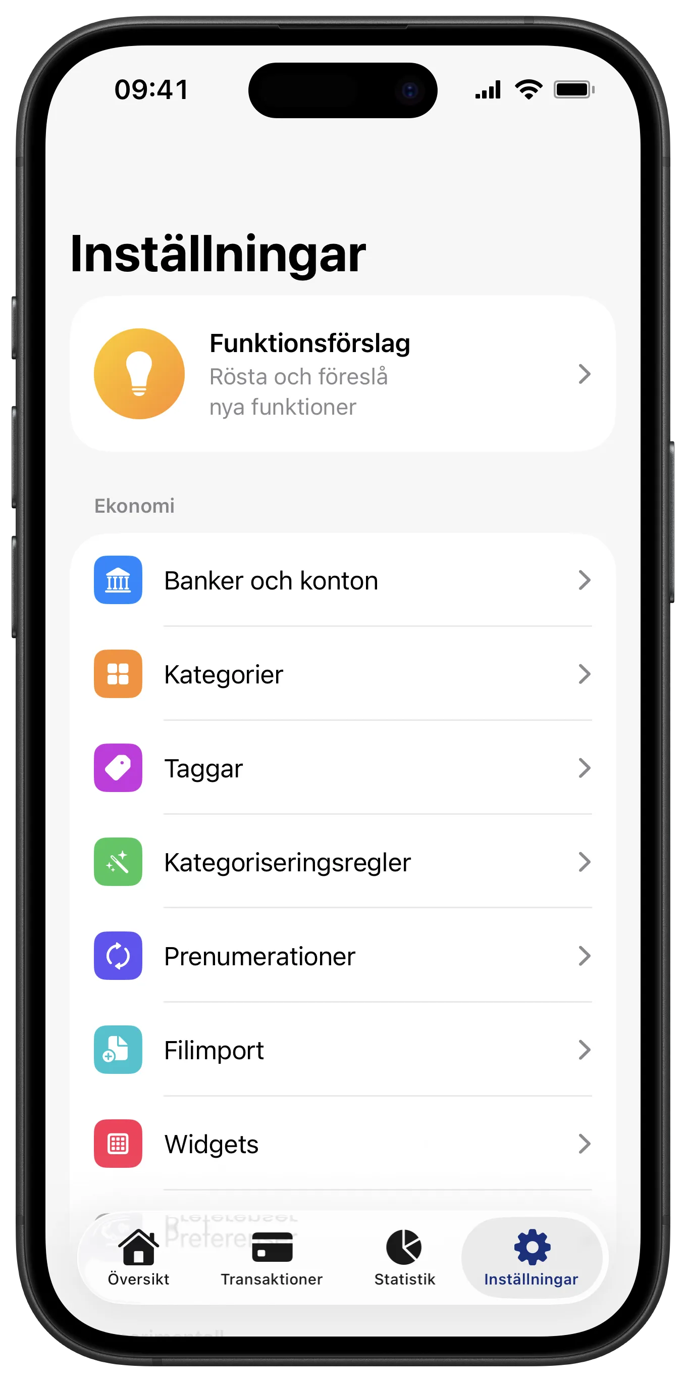 Inställningar, Penge